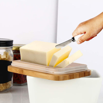 طبق زبدة سيراميك أبيض مع غطاء وسكين لعداد المطبخ