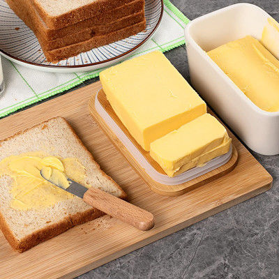 طبق زبدة سيراميك أبيض مع غطاء وسكين لعداد المطبخ